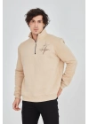 Erkek Yarım Fermuarlı Baskılı Sweat - Bej
