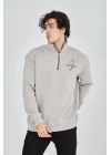 Erkek Yarım Fermuarlı Baskılı Sweat - Boyalı Gri
