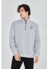 Erkek Yarım Fermuarlı Baskılı Sweat - Gri
