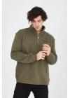 Erkek Yarım Fermuarlı Baskılı Sweat - Yeşil