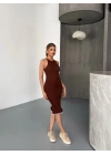 Fırfır Detaylı Triko Elbise- Kahverengi
