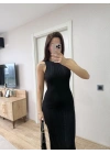 Fitilli Triko Elbise Kolsuz Sırtı Kapalı Maxi Uzun Boy - Siyah