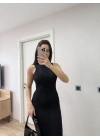 Fitilli Triko Elbise Kolsuz Sırtı Kapalı Maxi Uzun Boy - Siyah
