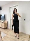 Fitilli Triko Elbise Kolsuz Sırtı Kapalı Maxi Uzun Boy - Siyah
