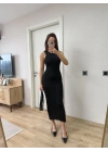 Fitilli Triko Elbise Kolsuz Sırtı Kapalı Maxi Uzun Boy - Siyah