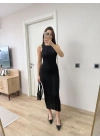 Fitilli Triko Elbise Kolsuz Sırtı Kapalı Maxi Uzun Boy - Siyah