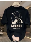 Geniş Kesim Pamuklu Tişört - GANDHI The Project Baskılı, Siyah, Rahat Kesim, Kısa Kollu, Günlük Kıyafet, Her Gün Giyilebilecek Tişört- Siyah