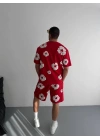 İki İplik Kumaş Baskılı T-shirt Şortlu Takım- Kırmızı