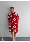 İki İplik Kumaş Baskılı T-shirt Şortlu Takım- Kırmızı
