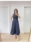 Jeans Kot Önü Tam Fermuarlı Kadın Uzun Elbise - Mavi