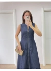 Jeans Kot Önü Tam Fermuarlı Kadın Uzun Elbise - Mavi
