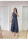 Jeans Kot Önü Tam Fermuarlı Kadın Uzun Elbise - Mavi