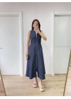 Jeans Kot Önü Tam Fermuarlı Kadın Uzun Elbise - Mavi