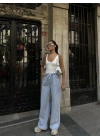 Kadın Arkadan Yırtmaçlı Jeans Kot Palazzo Pantolon - Mavi