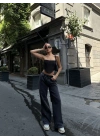 Kadın Arkadan Yırtmaçlı Jeans Kot Palazzo Pantolon - Siyah