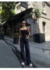 Kadın Arkadan Yırtmaçlı Jeans Kot Palazzo Pantolon - Siyah
