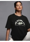 Kadın Baskılı Oversize T-shirt - Siyah