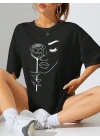 Kadın Baskılı Oversize T-shirt - Siyah