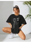 Kadın Baskılı Oversize T-shirt - Siyah