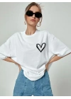 Kadın Bisiklet Yaka Baskılı Oversize T-Shirt - Beyaz