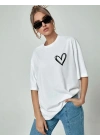 Kadın Bisiklet Yaka Baskılı Oversize T-Shirt - Beyaz