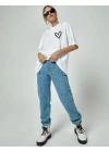 Kadın Bisiklet Yaka Baskılı Oversize T-Shirt - Beyaz