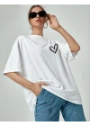 Kadın Bisiklet Yaka Baskılı Oversize T-Shirt - Beyaz