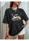 Kadın Bisiklet Yaka Baskılı Oversize T-Shirt - Siyah