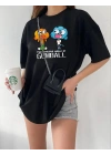Kadın Bisiklet Yaka Baskılı Oversize T-Shirt - Siyah
