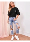 Kadın Bisiklet Yaka Baskılı Oversize T-Shirt - Siyah