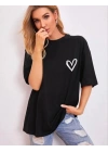 Kadın Bisiklet Yaka Baskılı Oversize T-Shirt - Siyah