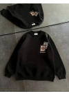 Kadın Bisiklet Yaka Baskılı SweatShirt - Siyah