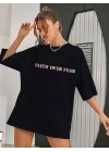 Kadın Bisiklet Yaka Baskılı T-shirt - Siyah