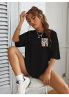 Kadın Bisiklet Yaka Baskılı T-shirt - Siyah