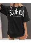 Kadın Bisiklet Yaka Baskılı T-shirt - Siyah