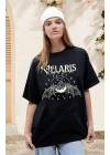 Kadın Bisiklet Yaka Baskılı T-shirt - Siyah