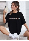 Kadın Bisiklet Yaka Baskılı T-shirt - Siyah