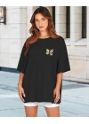 Kadın Bisiklet Yaka Baskılı T-shirt - Siyah