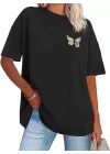 Kadın Bisiklet Yaka Baskılı T-shirt - Siyah