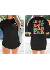 Kadın Bisiklet Yaka Kısa Kol Baskılı T-shirt - Siyah