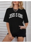 Kadın Bisiklet Yaka Kısa Kol Baskılı T-shirt - Siyah