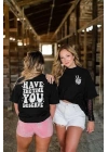 Kadın Bisiklet Yaka Kısa Kol Baskılı T-shirt - Siyah