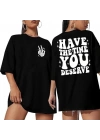Kadın Bisiklet Yaka Kısa Kol Baskılı T-shirt - Siyah