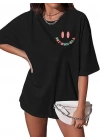 Kadın Bisiklet Yaka Kısa Kol Baskılı T-shirt - Siyah