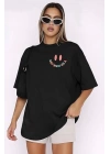 Kadın Bisiklet Yaka Kısa Kol Baskılı T-shirt - Siyah