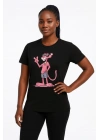 Kadın Bisiklet Yaka Kısa Kollu Baskılı T-shirt - Siyah