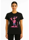 Kadın Bisiklet Yaka Kısa Kollu Baskılı T-shirt - Siyah