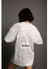 Kadın Bisiklet Yakalı Sırt Baskılı Oversize T-Shirt - Beyaz