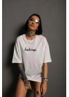 Kadın Bisiklet Yakalı Sırt Baskılı Oversize T-Shirt - Beyaz