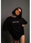 Kadın Bisiklet Yakalı Sırt Baskılı Oversize T-Shirt - Siyah
